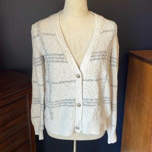 Joie Knit Cardigan Sweater White & Gray Button Up V Neck Textured Size Large